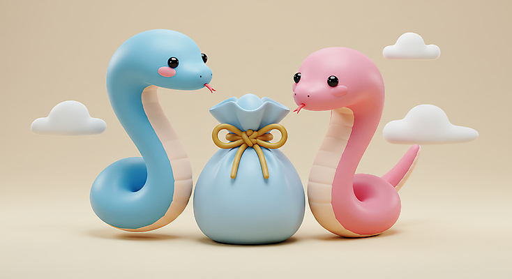 JPG 구름 편집이미지 리본 두마리 새해 복주머니 3D캐릭터 미소 사람없음 귀여움 입체 뱀캐릭터 을사년 편집3D 푸른뱀 푸른뱀캐릭터 AI컴퓨터그래픽 AI콘텐츠 자연요소 캐릭터 동물캐릭터 컨셉 2 전통소품 표정 3D 뱀 파일형식 2025년