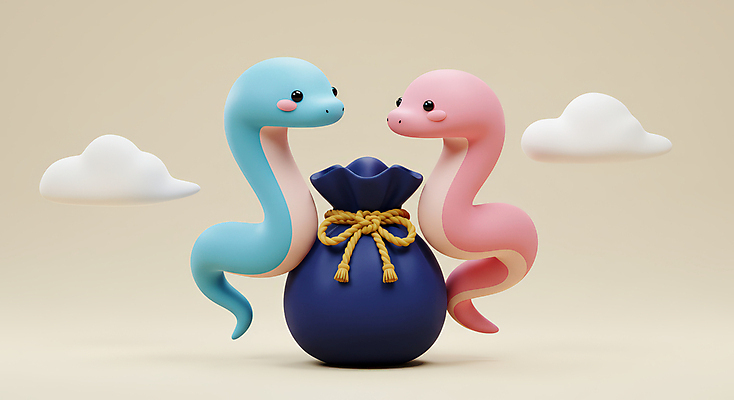 JPG 구름 편집이미지 리본 두마리 새해 복주머니 3D캐릭터 미소 사람없음 귀여움 입체 뱀캐릭터 을사년 편집3D 푸른뱀 푸른뱀캐릭터 AI컴퓨터그래픽 AI콘텐츠 자연요소 캐릭터 동물캐릭터 컨셉 2 전통소품 표정 3D 뱀 파일형식 2025년