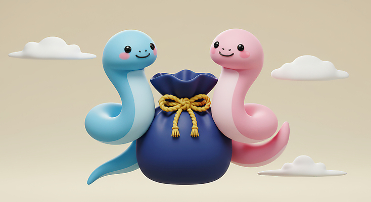 JPG 구름 편집이미지 리본 두마리 새해 복주머니 3D캐릭터 미소 사람없음 귀여움 입체 뱀캐릭터 을사년 편집3D 푸른뱀 푸른뱀캐릭터 AI컴퓨터그래픽 AI콘텐츠 자연요소 캐릭터 동물캐릭터 컨셉 2 전통소품 표정 3D 뱀 파일형식 2025년