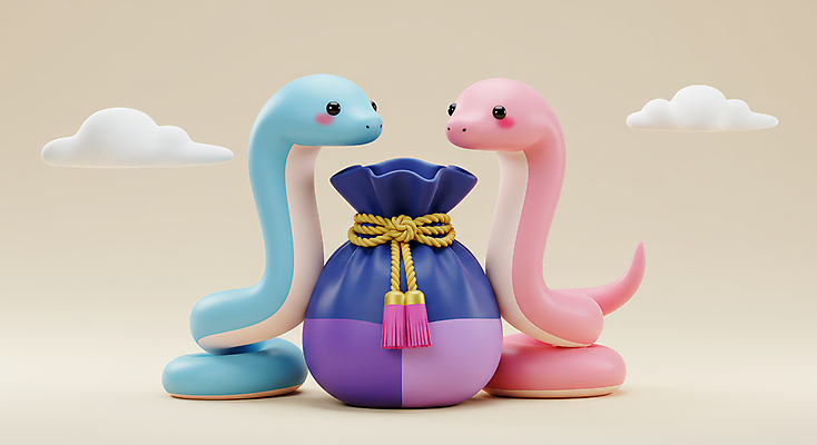 JPG 구름 편집이미지 리본 두마리 새해 복주머니 3D캐릭터 미소 사람없음 귀여움 입체 뱀캐릭터 을사년 편집3D 푸른뱀 푸른뱀캐릭터 AI컴퓨터그래픽 AI콘텐츠 자연요소 캐릭터 동물캐릭터 컨셉 2 전통소품 표정 3D 뱀 파일형식 2025년