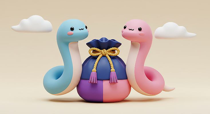 JPG 구름 편집이미지 리본 두마리 새해 복주머니 3D캐릭터 미소 사람없음 귀여움 입체 뱀캐릭터 을사년 편집3D 푸른뱀 푸른뱀캐릭터 AI컴퓨터그래픽 AI콘텐츠 자연요소 캐릭터 동물캐릭터 컨셉 2 전통소품 표정 3D 뱀 파일형식 2025년