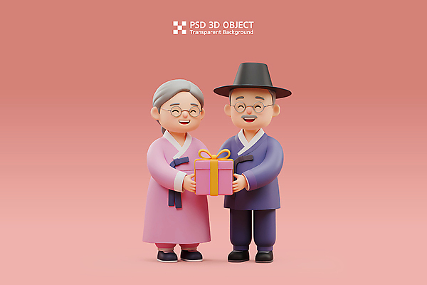 전신 PSD 편집이미지 부부 여자 노년 남자 분홍색 가족 미소 들기 두명 선물상자 3D 한복 노인만 안경낌 편집3D 갓모자 모자_잡화 한국전통 커플 안경 컬러 관계 모션 전통소품 표정 선물 사람 성인 상자 전통의상 디지털합성 성인만 파일형식