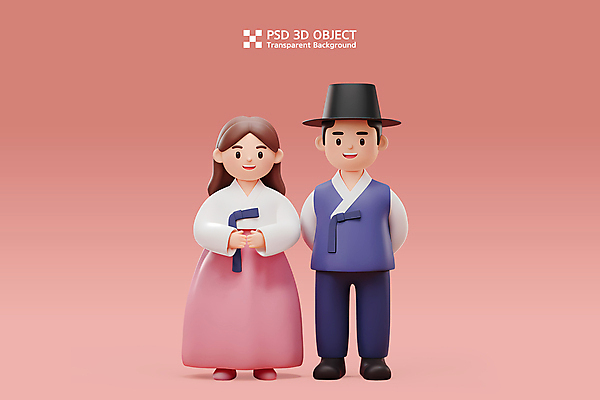 전신 PSD 편집이미지 부부 여자 남자 분홍색 가족 미소 성인 두명 3D 한복 뒷짐 손모으기 성인만 편집3D 갓모자 모자_잡화 한국전통 커플 컬러 관계 모션 전통소품 표정 사람 손짓 전통의상 디지털합성 파일형식