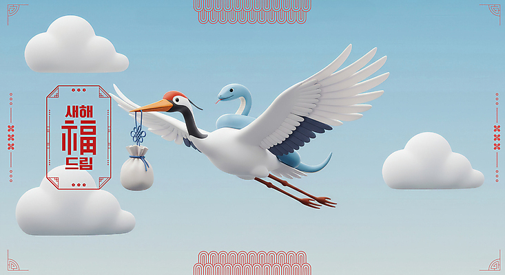 PSD 구름 편집이미지 하늘 새해 복주머니 사람없음 전통문양 3D 학 비행 승차 물기 연하장 배송 2025년 을사년 이미지편집 편집3D 푸른뱀 자연요소 전통 문양 모션 조류 카드_감사 전통소품 뱀 연도 디지털합성 파일형식