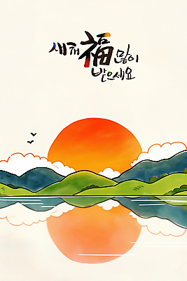 PSD 구름 한국전통 바다 일러스트 조류 하늘 새해 산 풍경 사람없음 태양 반사 일출 복 연하장 새해복많이받으세요 국내일러스트 자연요소 동물 전통 카드_감사 한국 노을 한자 파일형식