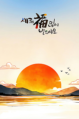 PSD 구름 한국전통 바다 일러스트 조류 하늘 새해 산 풍경 사람없음 태양 일출 복 연하장 새해복많이받으세요 국내일러스트 자연요소 동물 전통 카드_감사 한국 노을 한자 파일형식