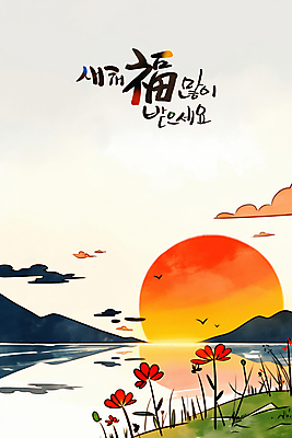 PSD 구름 한국전통 꽃 바다 일러스트 조류 하늘 새해 산 풍경 사람없음 태양 반사 일출 복 연하장 새해복많이받으세요 국내일러스트 자연요소 식물 동물 전통 카드_감사 한국 노을 한자 파일형식
