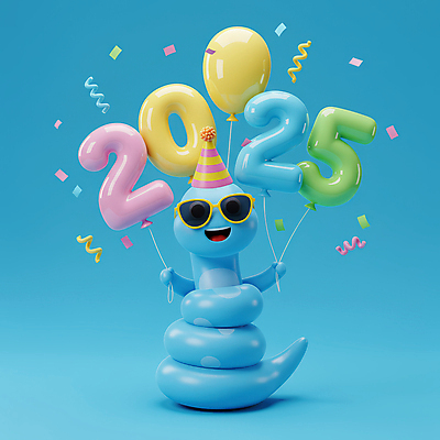 JPG 편집이미지 하늘색 새해 3D캐릭터 웃음 타이포그라피 사람없음 선글라스 3D 기쁨 고깔모자 잡기 꽃가루 2025년 을사년 편집3D 푸른뱀 푸른뱀캐릭터 숫자풍선 AI컴퓨터그래픽 AI콘텐츠 문자 캐릭터 모자_잡화 감정 안경 모션 표정 파란색 뱀 가루 연도 디지털합성 뱀캐릭터 풍선 파일형식