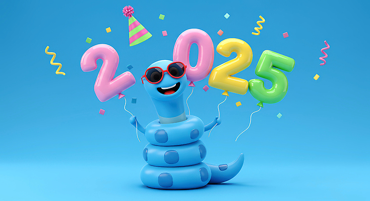 JPG 편집이미지 하늘색 새해 3D캐릭터 웃음 타이포그라피 사람없음 선글라스 3D 기쁨 고깔모자 잡기 꽃가루 2025년 을사년 편집3D 푸른뱀 푸른뱀캐릭터 숫자풍선 AI컴퓨터그래픽 AI콘텐츠 문자 캐릭터 모자_잡화 감정 안경 모션 표정 파란색 뱀 가루 연도 디지털합성 뱀캐릭터 풍선 파일형식