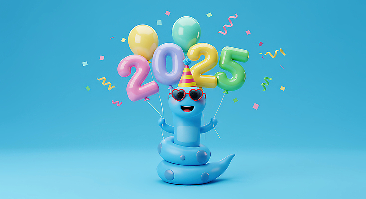 JPG 편집이미지 하늘색 새해 3D캐릭터 웃음 타이포그라피 사람없음 선글라스 3D 기쁨 고깔모자 잡기 꽃가루 2025년 을사년 편집3D 푸른뱀 푸른뱀캐릭터 숫자풍선 AI컴퓨터그래픽 AI콘텐츠 문자 캐릭터 모자_잡화 감정 안경 모션 표정 파란색 뱀 가루 연도 디지털합성 뱀캐릭터 풍선 파일형식