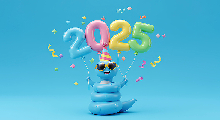 JPG 편집이미지 하늘색 새해 3D캐릭터 웃음 타이포그라피 사람없음 선글라스 3D 기쁨 고깔모자 잡기 꽃가루 2025년 을사년 편집3D 푸른뱀 푸른뱀캐릭터 숫자풍선 AI컴퓨터그래픽 AI콘텐츠 문자 캐릭터 모자_잡화 감정 안경 모션 표정 파란색 뱀 가루 연도 디지털합성 뱀캐릭터 풍선 파일형식