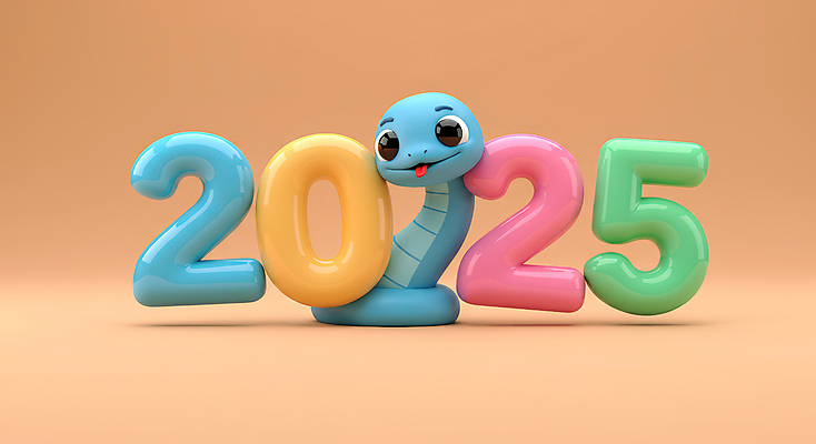 JPG 편집이미지 새해 3D캐릭터 미소 타이포그라피 사람없음 숫자 3D 기쁨 살구색 2025년 을사년 편집3D 푸른뱀 푸른뱀캐릭터 AI컴퓨터그래픽 AI콘텐츠 문자 캐릭터 감정 컬러 표정 뱀 연도 디지털합성 뱀캐릭터 파일형식