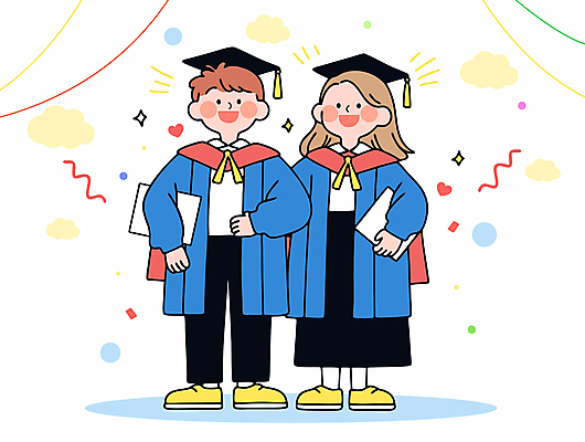 전신 여자 남자 행복 일러스트 학사모 청소년 미소 웃음 들기 두명 반짝임 기쁨 하트 축하 졸업가운 졸업장 꽃가루 구름모양 십대만 국내일러스트 AI파일 모양 모자_잡화 감정 컨셉 졸업 모션 표정 사람 가운 가루 파일형식 벡터 구름_자연