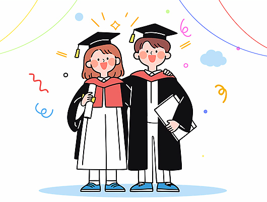 전신 여자 남자 행복 일러스트 학사모 청소년 미소 웃음 들기 두명 반짝임 기쁨 축하 졸업가운 졸업장 꽃가루 구름모양 십대만 어깨에손 국내일러스트 AI파일 모양 모자_잡화 감정 컨셉 졸업 모션 표정 사람 가운 가루 파일형식 벡터 구름_자연