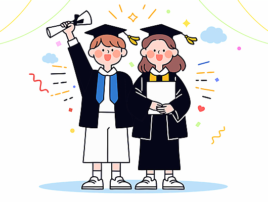전신 여자 남자 행복 일러스트 학사모 청소년 미소 웃음 들기 두명 반짝임 기쁨 하트 축하 졸업가운 졸업장 꽃가루 구름모양 십대만 국내일러스트 AI파일 모양 모자_잡화 감정 컨셉 졸업 모션 표정 사람 가운 가루 파일형식 벡터 구름_자연