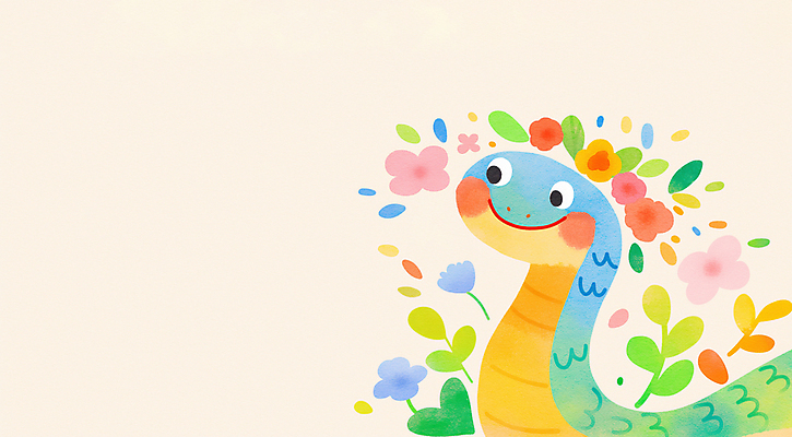 JPG 꽃 잎 일러스트 미소 사람없음 뱀띠 뱀 뱀캐릭터 꽃놀이 청사 국내일러스트 푸른뱀 AI일러스트 AI콘텐츠 식물 동물캐릭터 파충류 표정 축제 십이지신 파일형식