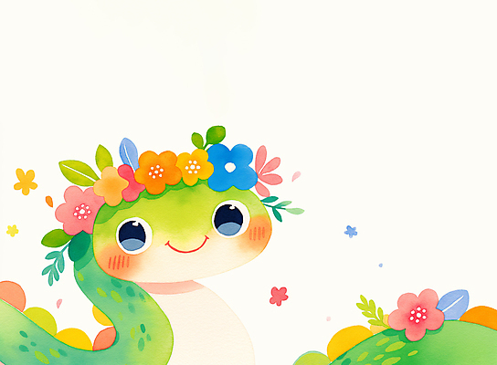 JPG 잎 일러스트 미소 사람없음 초록색 화관 뱀띠 뱀 뱀캐릭터 꽃놀이 국내일러스트 AI일러스트 AI콘텐츠 식물 꽃 컬러 동물캐릭터 파충류 표정 축제 십이지신 파일형식