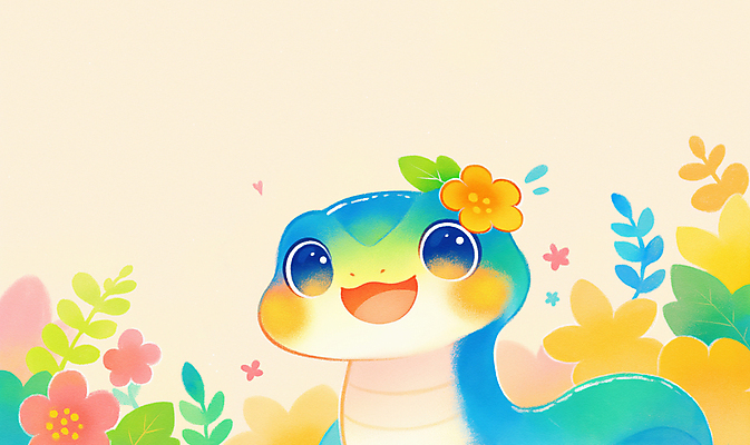 JPG 꽃 잎 일러스트 미소 사람없음 뱀띠 뱀 뱀캐릭터 꽃놀이 청사 국내일러스트 푸른뱀 AI일러스트 AI콘텐츠 식물 동물캐릭터 파충류 표정 축제 십이지신 파일형식