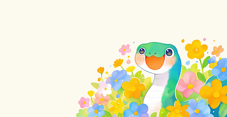 JPG 꽃 잎 일러스트 미소 사람없음 초록색 뱀띠 뱀 뱀캐릭터 꽃놀이 국내일러스트 AI일러스트 AI콘텐츠 식물 컬러 동물캐릭터 파충류 표정 축제 십이지신 파일형식