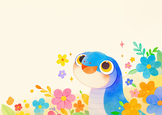 JPG 꽃 잎 일러스트 미소 사람없음 반짝임 뱀띠 뱀 뱀캐릭터 꽃놀이 청사 국내일러스트 푸른뱀 AI일러스트 AI콘텐츠 식물 동물캐릭터 파충류 모션 표정 축제 십이지신 파일형식