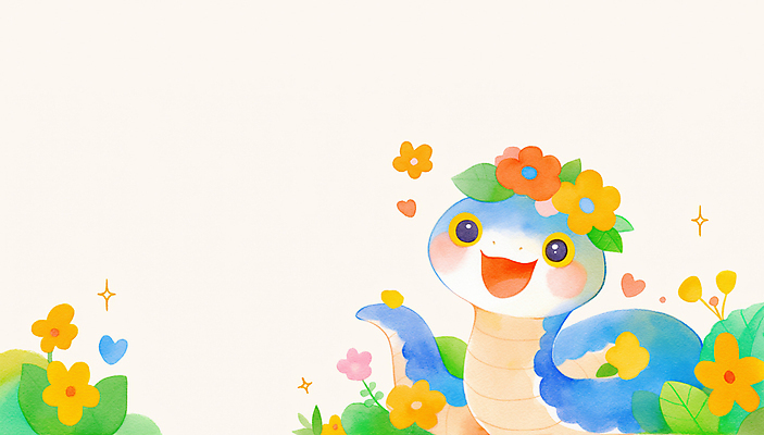 JPG 꽃 잎 일러스트 미소 사람없음 반짝임 뱀띠 뱀 뱀캐릭터 꽃놀이 청사 국내일러스트 푸른뱀 AI일러스트 AI콘텐츠 식물 동물캐릭터 파충류 모션 표정 축제 십이지신 파일형식