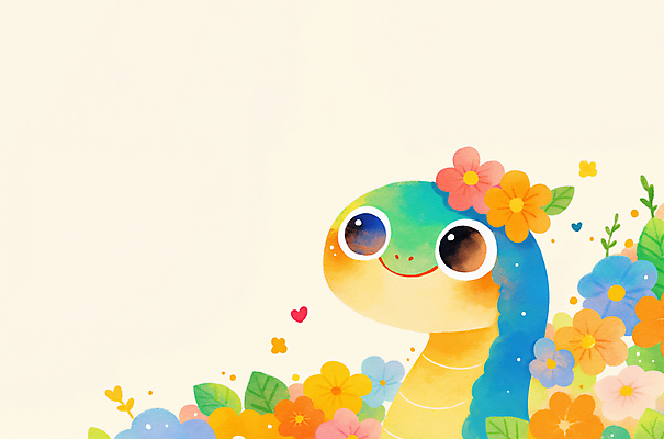 JPG 꽃 잎 일러스트 미소 사람없음 뱀띠 뱀 뱀캐릭터 꽃놀이 청사 국내일러스트 푸른뱀 AI일러스트 AI콘텐츠 식물 동물캐릭터 파충류 표정 축제 십이지신 파일형식