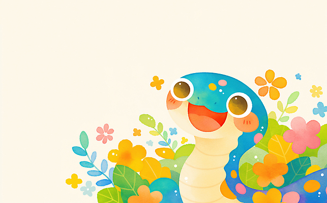 JPG 꽃 잎 일러스트 미소 사람없음 뱀띠 뱀 뱀캐릭터 꽃놀이 청사 국내일러스트 푸른뱀 AI일러스트 AI콘텐츠 식물 동물캐릭터 파충류 표정 축제 십이지신 파일형식