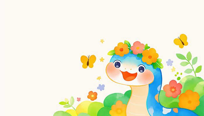 JPG 나비 잎 일러스트 미소 사람없음 화관 뱀띠 뱀 뱀캐릭터 꽃놀이 청사 국내일러스트 푸른뱀 AI일러스트 AI콘텐츠 식물 꽃 동물캐릭터 곤충 파충류 표정 축제 십이지신 파일형식