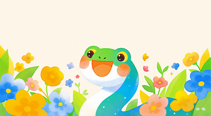 JPG 꽃 잎 일러스트 미소 사람없음 초록색 뱀띠 뱀 뱀캐릭터 꽃놀이 국내일러스트 AI일러스트 AI콘텐츠 식물 컬러 동물캐릭터 파충류 표정 축제 십이지신 파일형식