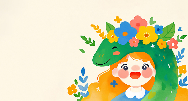 JPG 여자 꽃 어린이 잎 일러스트 한명 미소 소녀 상반신 뱀띠 소녀한명만 2025년 을사년 국내일러스트 AI일러스트 AI콘텐츠 식물 1 표정 사람 십이지신 뱀 연도 여자한명만 소녀만 파일형식