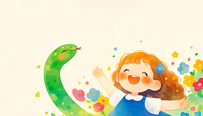 JPG 여자 꽃 어린이 잎 일러스트 한명 미소 소녀 상반신 손들기 뱀띠 소녀한명만 2025년 을사년 국내일러스트 AI일러스트 AI콘텐츠 식물 1 모션 표정 사람 십이지신 뱀 연도 여자한명만 소녀만 파일형식