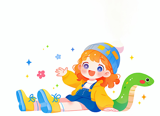 JPG 전신 모자 여자 꽃 어린이 일러스트 한명 미소 앉기 소녀 반짝임 손들기 뱀띠 소녀한명만 2025년 을사년 국내일러스트 AI일러스트 AI콘텐츠 식물 1 잡화 모션 표정 사람 십이지신 뱀 연도 여자한명만 소녀만 파일형식