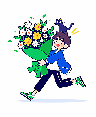 전신 남자 꽃다발 잎 일러스트 청소년 선물 한명 미소 웃음 들기 연두색 달리기 고양이 기쁨 축하 감사 십대남자한명만 일러캐릭터 AI파일 식물 캐릭터 1 꽃 감정 컨셉 포유류 모션 표정 사람 초록색 반려동물 남자한명만 십대남자만 파일형식 벡터