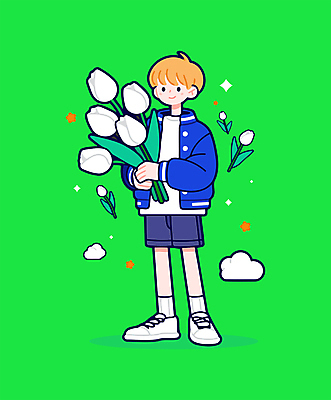 전신 구름 남자 꽃다발 일러스트 선물 한명 미소 웃음 들기 성인 연두색 반짝임 기쁨 튤립 축하 감사 성인남자한명만 일러캐릭터 AI파일 자연요소 캐릭터 1 꽃 감정 컨셉 모션 표정 사람 초록색 남자한명만 성인남자만 파일형식 벡터