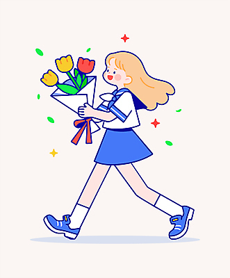 전신 여자 꽃다발 잎 일러스트 청소년 선물 한명 미소 웃음 들기 파란색 반짝임 걷기 기쁨 튤립 축하 감사 십대여자한명만 일러캐릭터 AI파일 식물 캐릭터 1 꽃 감정 컬러 컨셉 모션 표정 사람 여자한명만 십대여자만 파일형식 벡터