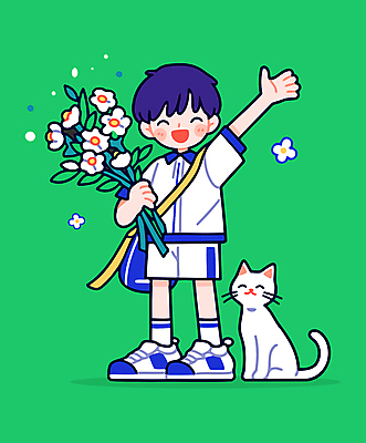 전신 남자 어린이 꽃다발 잎 가방 일러스트 선물 한명 미소 웃음 들기 소년 연두색 고양이 기쁨 축하 감사 손인사 소년한명만 일러캐릭터 AI파일 식물 캐릭터 1 잡화 꽃 감정 컨셉 포유류 모션 표정 사람 초록색 반려동물 인사 남자한명만 소년만 파일형식 벡터