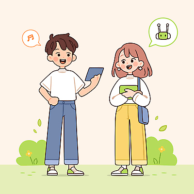 전신 여자 남자 말풍선 가방 음표 일러스트 청소년 대화 미소 들기 두명 연두색 태블릿 풀잎 로봇 소통 십대만 알파세대 국내일러스트 AI파일 기호 잡화 음악 컨셉 잎 모션 표정 말하기 사람 초록색 전자제품 스마트기기 풀_식물 세대 파일형식 벡터