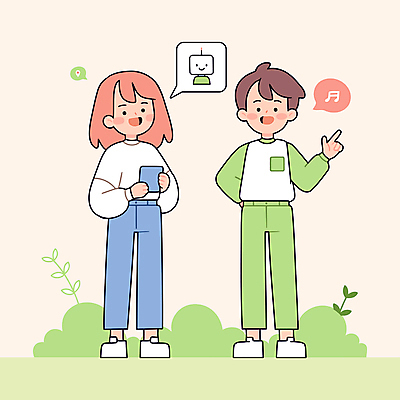 전신 여자 남자 말풍선 음표 일러스트 청소년 대화 미소 들기 두명 연두색 스마트폰 가리킴 풀잎 로봇 소통 십대만 알파세대 국내일러스트 AI파일 기호 음악 컨셉 잎 모션 표정 말하기 사람 손짓 초록색 핸드폰 스마트기기 풀_식물 세대 파일형식 벡터