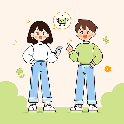 전신 여자 남자 꽃 말풍선 일러스트 청소년 대화 미소 들기 두명 연두색 스마트폰 가리킴 풀잎 로봇 주머니손 소통 십대만 알파세대 국내일러스트 AI파일 식물 컨셉 잎 모션 표정 말하기 사람 손짓 초록색 핸드폰 스마트기기 풀_식물 세대 파일형식 벡터