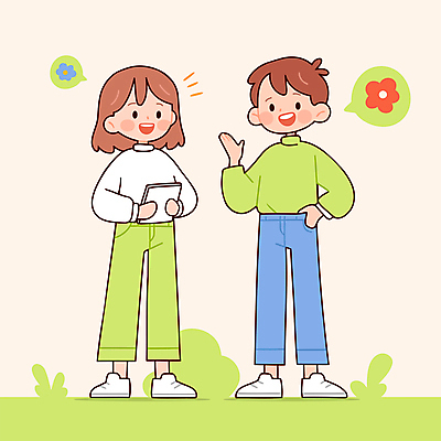 전신 여자 남자 꽃 말풍선 일러스트 청소년 대화 미소 들기 두명 책 연두색 손들기 풀잎 주머니손 소통 십대만 알파세대 국내일러스트 AI파일 식물 컨셉 잎 모션 표정 말하기 사람 초록색 풀_식물 세대 파일형식 벡터