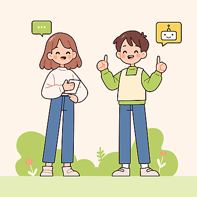 전신 여자 남자 꽃 말풍선 일러스트 청소년 대화 미소 들기 두명 연두색 스마트폰 가리킴 풀잎 로봇 주머니손 소통 십대만 알파세대 국내일러스트 AI파일 식물 컨셉 잎 모션 표정 말하기 사람 손짓 초록색 핸드폰 스마트기기 풀_식물 세대 파일형식 벡터