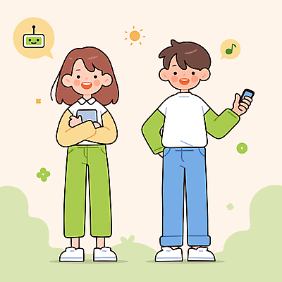 전신 여자 남자 꽃 말풍선 음표 일러스트 청소년 대화 미소 들기 두명 연두색 스마트폰 태블릿 태양 풀잎 로봇 소통 십대만 알파세대 국내일러스트 AI파일 자연요소 식물 기호 음악 컨셉 잎 모션 표정 말하기 사람 초록색 전자제품 핸드폰 스마트기기 풀_식물 세대 파일형식 벡터