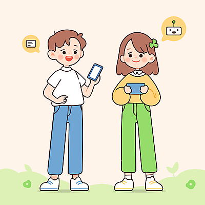 전신 여자 남자 꽃 허리손 말풍선 일러스트 청소년 대화 미소 들기 두명 연두색 스마트폰 풀잎 로봇 소통 십대만 알파세대 국내일러스트 AI파일 식물 포즈 컨셉 잎 모션 표정 말하기 사람 초록색 핸드폰 스마트기기 풀_식물 세대 파일형식 벡터