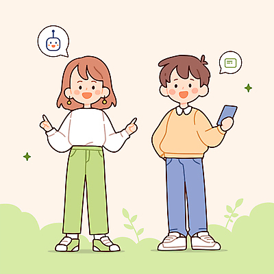 전신 여자 남자 말풍선 일러스트 청소년 대화 미소 들기 두명 연두색 반짝임 스마트폰 가리킴 풀잎 로봇 소통 십대만 알파세대 국내일러스트 AI파일 컨셉 잎 모션 표정 말하기 사람 손짓 초록색 핸드폰 스마트기기 풀_식물 세대 파일형식 벡터
