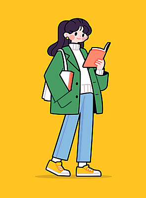 전신 여자 가방 일러스트 한명 미소 들기 성인 취미 책 독서 노란색 주머니손 자기계발 성인여자한명만 일러캐릭터 AI파일 캐릭터 1 잡화 컬러 모션 표정 사람 여자한명만 성인여자만 파일형식 벡터