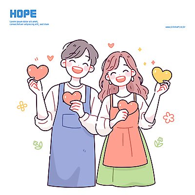 커플 여자 남자 꽃 행복 일러스트 사랑 미소 들기 성인 두명 반짝임 앞치마 희망 하트 파스텔톤 성인만 국내일러스트 AI파일 모양 식물 감정 컬러 관계 모션 표정 사람 파일형식 벡터