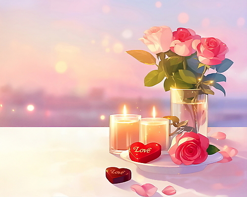 PSD 접시 리본 일러스트 초 식탁 발렌타인데이 사랑 사람없음 빛 장미 로맨틱 분위기 국내일러스트 식기 꽃 감정 컨셉 데이이벤트 탁자 파일형식