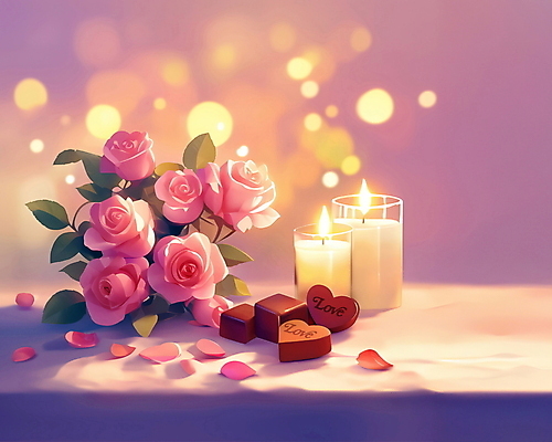 PSD 리본 일러스트 초 식탁 발렌타인데이 사랑 사람없음 선물상자 빛 장미 로맨틱 하트 분위기 보케 국내일러스트 모양 꽃 감정 컨셉 데이이벤트 탁자 선물 상자 파일형식