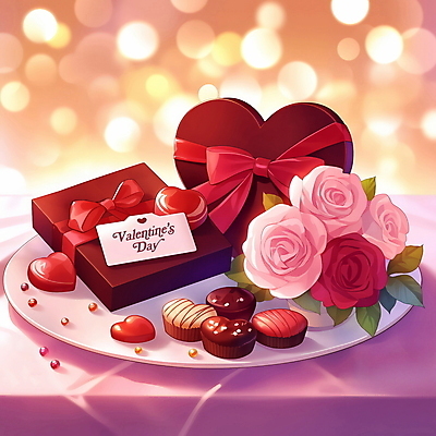 PSD 접시 리본 일러스트 식탁 발렌타인데이 사랑 사람없음 선물상자 빛 장미 초콜릿 로맨틱 분위기 보케 국내일러스트 식기 꽃 감정 컨셉 데이이벤트 탁자 디저트 선물 상자 파일형식