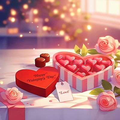 PSD 리본 일러스트 식탁 발렌타인데이 사랑 사람없음 선물상자 빛 장미 초콜릿 로맨틱 하트 분위기 보케 국내일러스트 모양 꽃 감정 컨셉 데이이벤트 탁자 디저트 선물 상자 파일형식